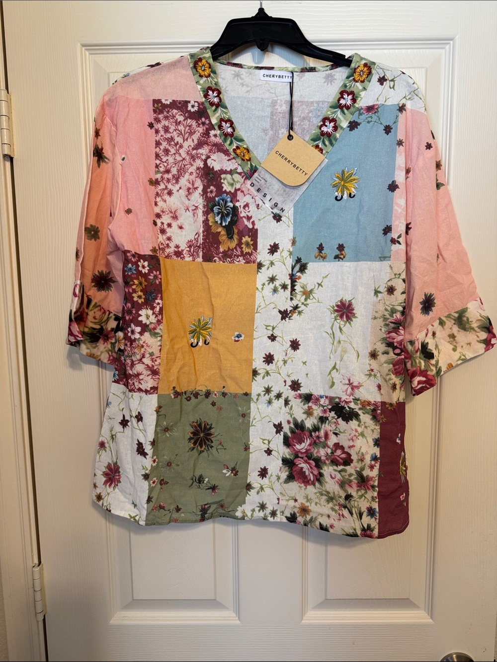CHERRY BETTY Patchwork Floral V-Neck Tunic - Multicolor